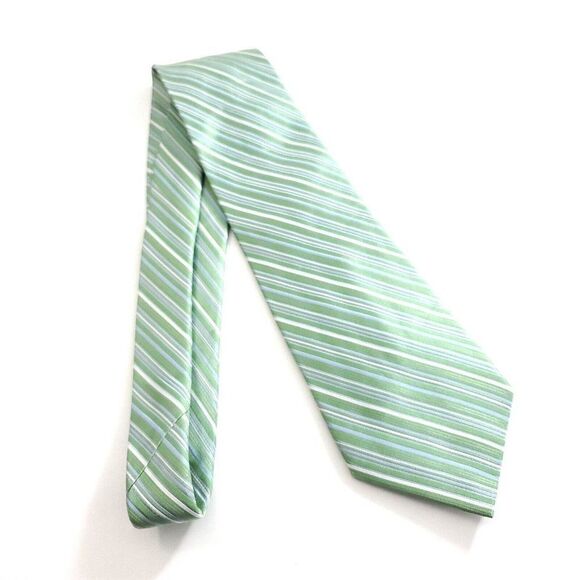 City Of London Green Blue Striped Woven Wide Silk Tie - Picture 8 of 8